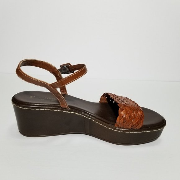 La Canadienne Brown T-Strap Platform Wedge Sandals - Picture 3 of 7